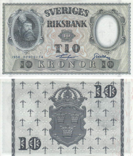 фото Швеция 10 крон 1958 UNC (P43f)