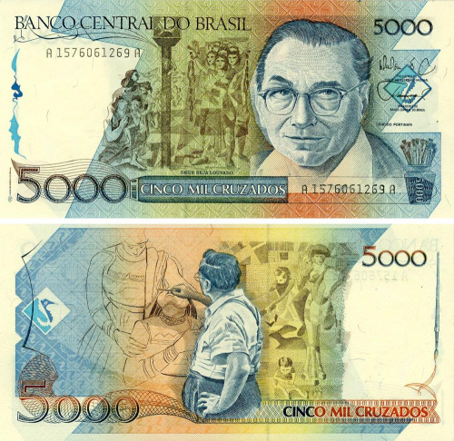 фото Бразилия 5000 крузадос 1988 UNC (P214)