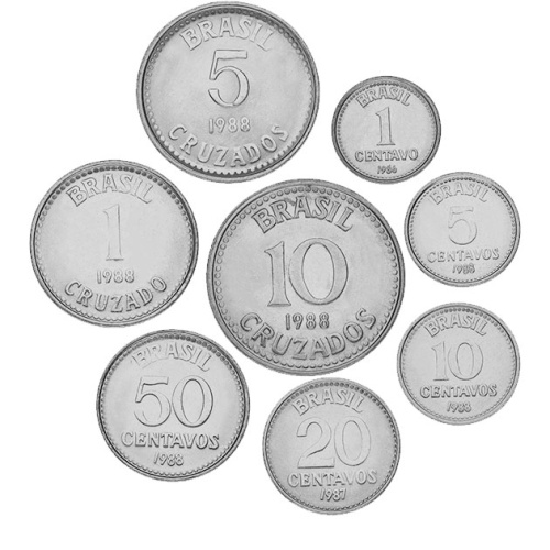 фото Бразилия набор из 8 монет 1986-1988 UNC 1, 5, 10, 20, 50 сентаво, 1, 5, 10 крузадос