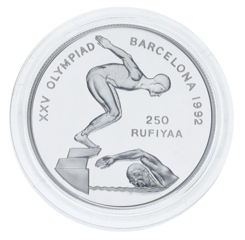 фото Мальдивы 250 руфий 1990 UNC XXV летние Олимпийские игры в Барселоне 1992 года - Плавание
