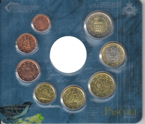 фото Сан-Марино набор из 8 монет евро 2012 UNC 1, 2, 5, 10, 20, 50 евроцентов, 1, 2 евро