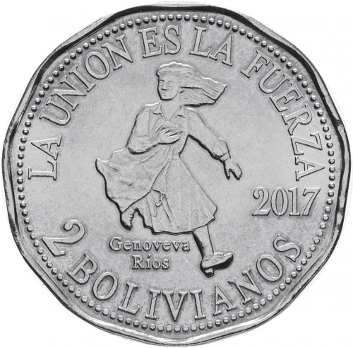 фото Боливия 2 боливиано 2017 «Хеновева Риос» UNC