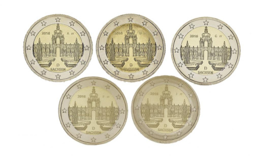 фото Германия набор из 5 монет по 2 евро 2016 A, D, F, G, J UNC