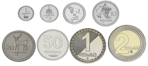 фото Грузия набор из 8 монет 1993-2009 UNC 1, 2, 5, 10, 20, 50 тетри, 1, 2 лари