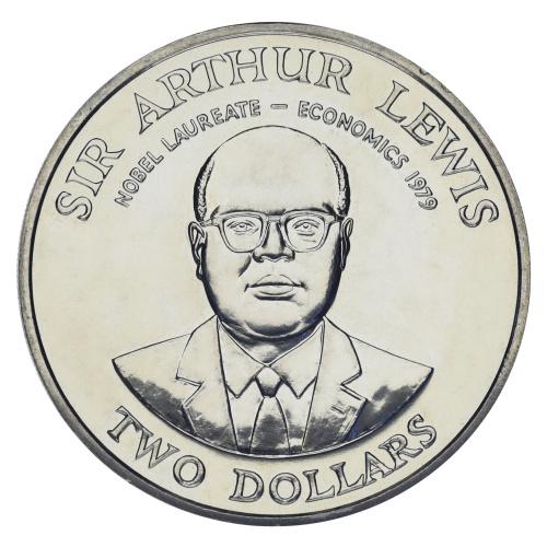 фото Восточные Карибы 2 доллара 1993 UNC 10 лет Центральному банку