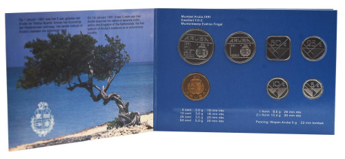 фото Аруба набор из 7 монет 1991 UNC 5, 10, 25, 50 центов, 1, 2,5 флорина, жетон в сувенирной упаковке