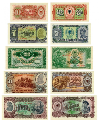 фото Албания набор из 5 банкнот 1957 VF-AU 10, 50, 100, 500, 1000 леков
