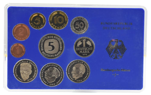 фото Германия набор из 10 монет 1979 Proof G 1, 2, 5, 10, 50 пфеннигов, 1, 2, 2, 2, 5 марок в сувенирной упаковке
