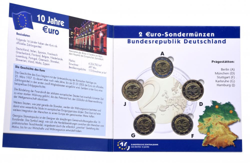 фото Германия набор из 5 монет по 2 евро 2009 A, D, F, G, J 10 лет союзу UNC в сувенирной упаковке