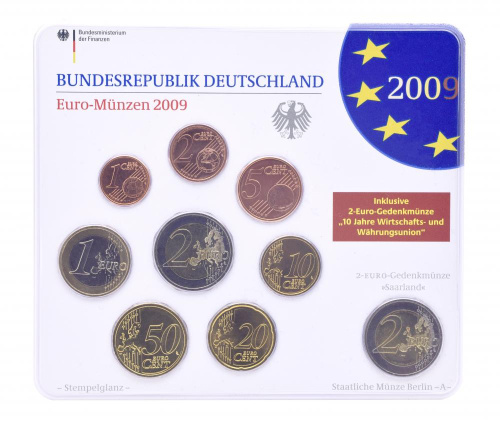 фото Германия набор из 9 монет евро 2009 UNC A 1, 2, 5, 10, 20, 50 евроцентов, 1, 2 евро, памятная 2 евро Блистер