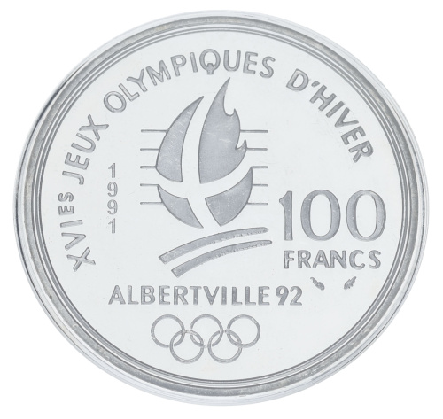 фото Франция 100 франков 1991 Серебро Proof XVI Зимние Олимпийские игры 1992 в Альбервиле - Лыжные гонки