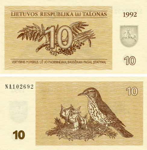 фото Литва 10 талонов 1992 AU-UNC Птицы (P40)
