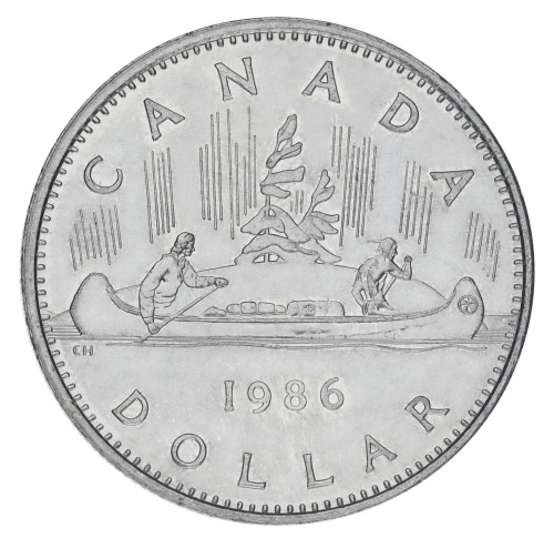 фото Канада 1 доллар 1986 F-VF Регулярный выпуск - Путешествие на каноэ