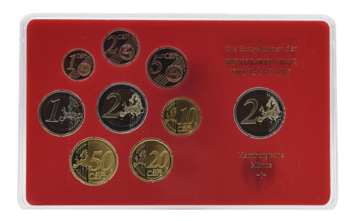 фото Германия набор из 9 монет евро 2011 UNC J 1, 2, 5, 10, 20, 50 евроцентов, 1, 2 евро, памятная 2 евро Блистер