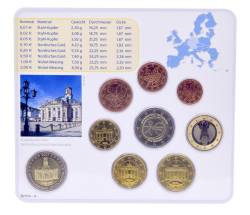 фото Германия набор из 9 монет евро 2009 UNC A 1, 2, 5, 10, 20, 50 евроцентов, 1, 2 евро, памятная 2 евро Блистер