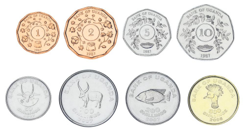 фото Уганда набор из 8 монет 1987-2008 UNC 1, 2, 5, 10, 50, 100, 200, 500 шиллингов