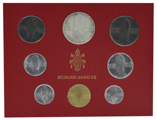фото Ватикан набор из 8 монет 1969 AU-UNC 1, 2, 5, 10, 20, 50, 100, 500 (серебро) лир
