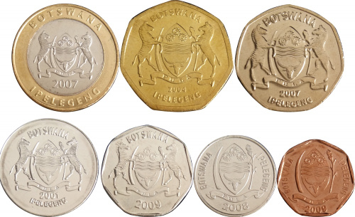 фото Ботсвана набор из 7 монет 2001-2009 UNC 5, 10, 25, 50 тхебе, 1, 2, 5 пула