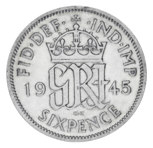 фото Великобритания 6 пенсов 1945 Серебро F-VF (Ag 500, 2,83 грамма)