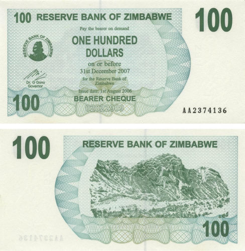 фото Зимбабве 100 долларов 2006 UNC (P42)