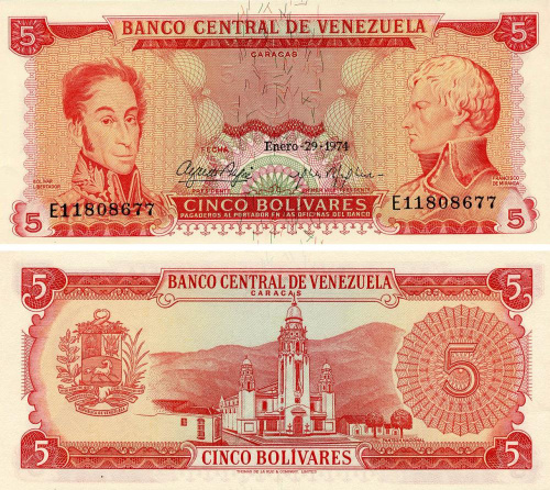 фото Венесуэла 5 боливар 1974 UNC (P50h)