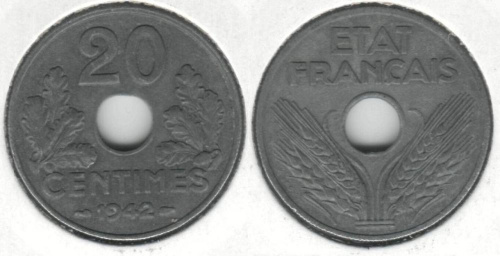 фото Франция 20 сантим 1942 VF (KM#900.2)