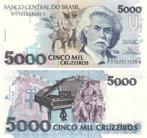 фото Бразилия 5000 крузейро 1992 UNC (P232)