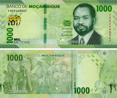 фото Мозамбик 1000 метикалов 2024 UNC Слоны (PW160)