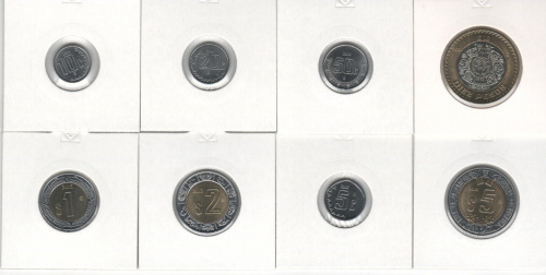 фото Мексика набор из 8 монет 2001-2022 UNC 5, 10, 20, 50 центов, 1, 2, 5, 10 песо