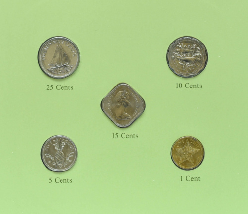 фото Багамы Набор монет 1969-1984 UNC 1, 5, 10, 15, 25 центов и 1 марка в сувенирной упаковке