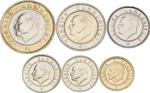 фото Турция набор из 6 монет 2012-2014 UNC 1, 5, 10, 25, 50 куруш, 1 лира