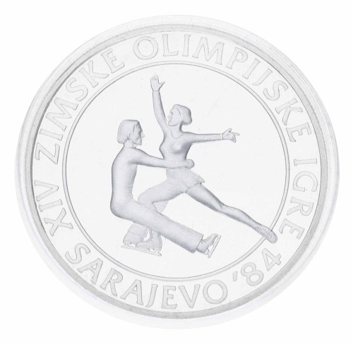 фото Югославия 100 динаров 1984 Серебро Proof XIV зимние Олимпийские игры в Сараево - Парное фигурное катание
