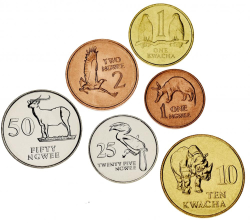 фото Замбия набор из 6 монет 1983-1992 UNC Животные 1, 2, 25, 50 нгве, 1, 10 квача