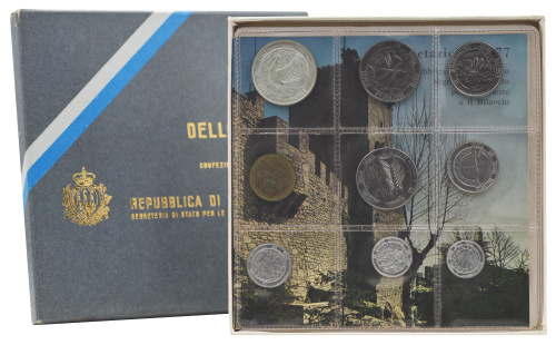 фото Сан-Марино набор из 9 монет 1977 UNC 1, 2, 5, 10, 20, 50, 100, 100, 500 лир (серебро)