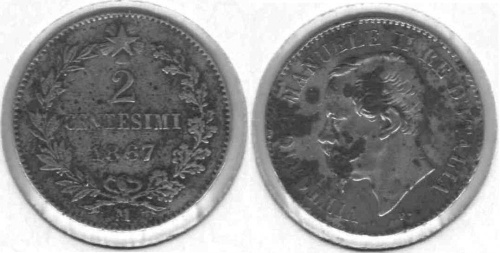 фото Италия 2 чентезимо 1867 VF (KM#2.1)