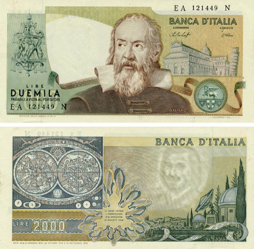 фото Италия 2000 лир 1976 UNC Галилео Галилей (P103b)