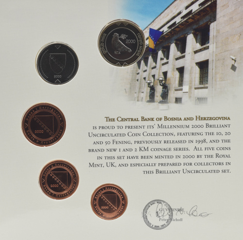 фото Босния и Герцеговина набор из 5 монет 2000 UNC 10, 20, 50 фенингов, 1, 2 марки в сувенироной упаковке