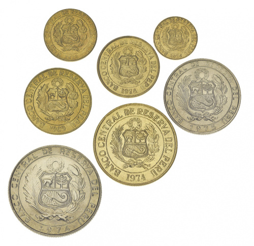 фото Перу набор из 7 монет 1969-1974 VF-AU 5, 10, 25, 50 сентово, 1, 5, 10 солей