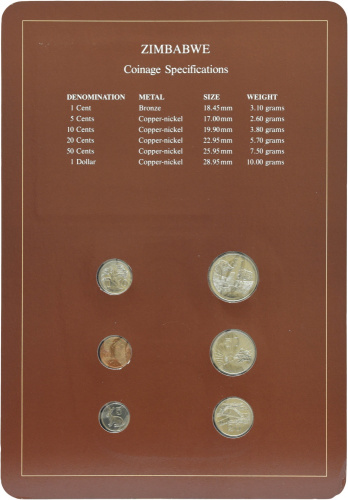 фото Зимбабве Набор монет 1980-1983 UNC 1, 5, 10, 20, 50 центов, 1 доллар и 1 марка в сувенирной упаковке
