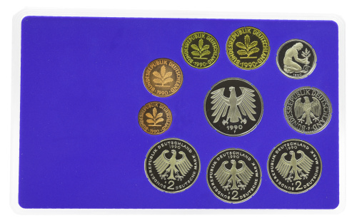 фото Германия набор из 10 монет 1990 Proof F 1, 2, 5, 10, 50 пфеннигов, 1, 2, 2, 2, 5 марок в сувенирной упаковке
