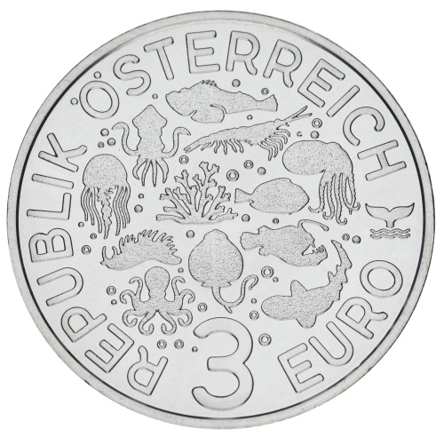 фото Австрия 3 евро 2025 UNC Светящиеся морские обитатели - Кальмар-светлячок