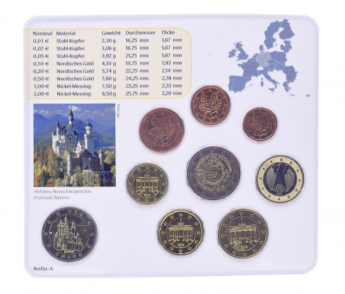 фото Германия набор из 9 монет евро 2012 UNC A 1, 2, 5, 10, 20, 50 евроцентов, 1, 2 евро, памятная 2 евро Блистер