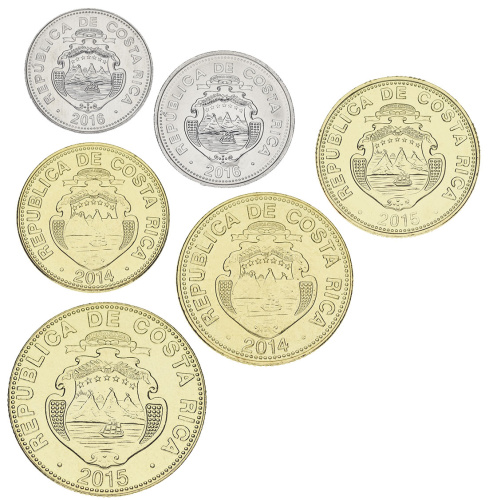 фото Коста-Рика набор из 6 монет 2014-2016 UNC 5, 10, 25, 50, 100, 500 колонов