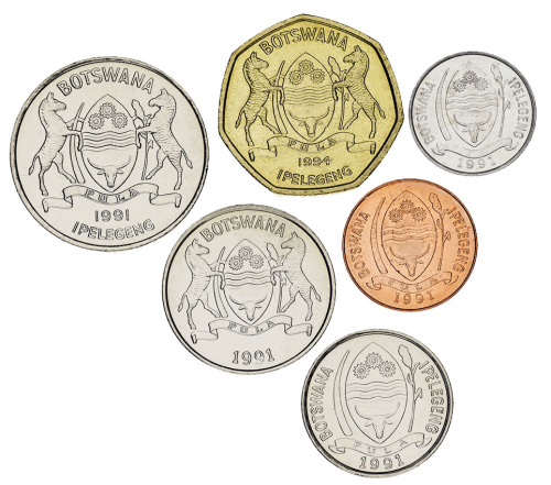 фото Ботсвана набор из 6 монет 1991-1994 UNC 1, 5, 10, 25, 50 тхебе, 2 пула
