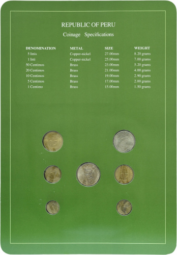 фото Перу Набор монет 1985-1988 UNC 1, 5, 10, 20, 50 сентим 1, 5 интис и 1 марка в сувенирной упаковке