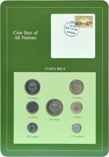 фото Коста-Рика Набор монет 1983-1984 UNC 25, 50 сентим, 1, 2, 5, 10, 20 колонов и 1 марка в сувенирной упаковке