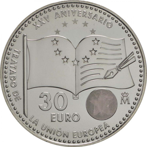 фото Испания 30 евро 2017 Серебро UNC 25 лет договору о Европейском союзе