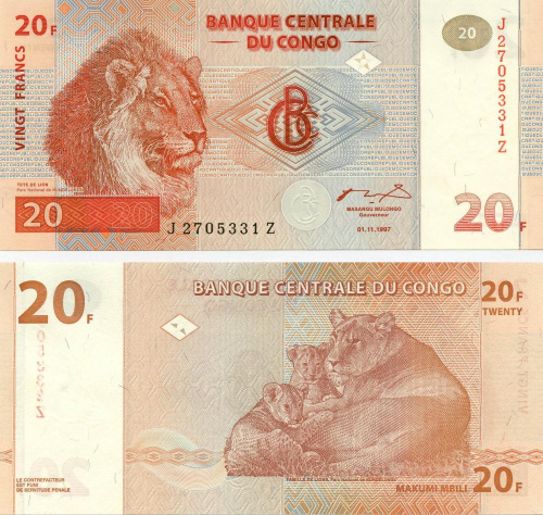 фото Демократическая республика Конго 20 франков 1997 UNC Лев Прайд (P88)