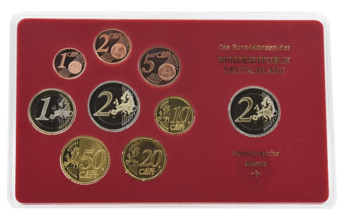 фото Германия набор из 9 монет евро 2010 UNC J 1, 2, 5, 10, 20, 50 евроцентов, 1, 2 евро, памятная 2 евро Блистер