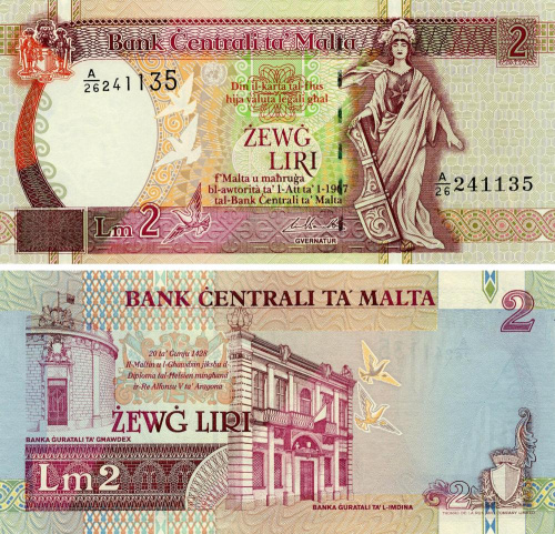 фото Мальта 2 лиры 1967 (1994) UNC (P45d)